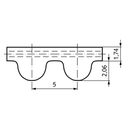 HTD-Zahnriemen Neopren Profil 5M Breite 25mm Wirklänge 350mm Zähnezahl 70 , Technische Zeichnung